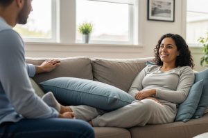 Woman on a beige couch
