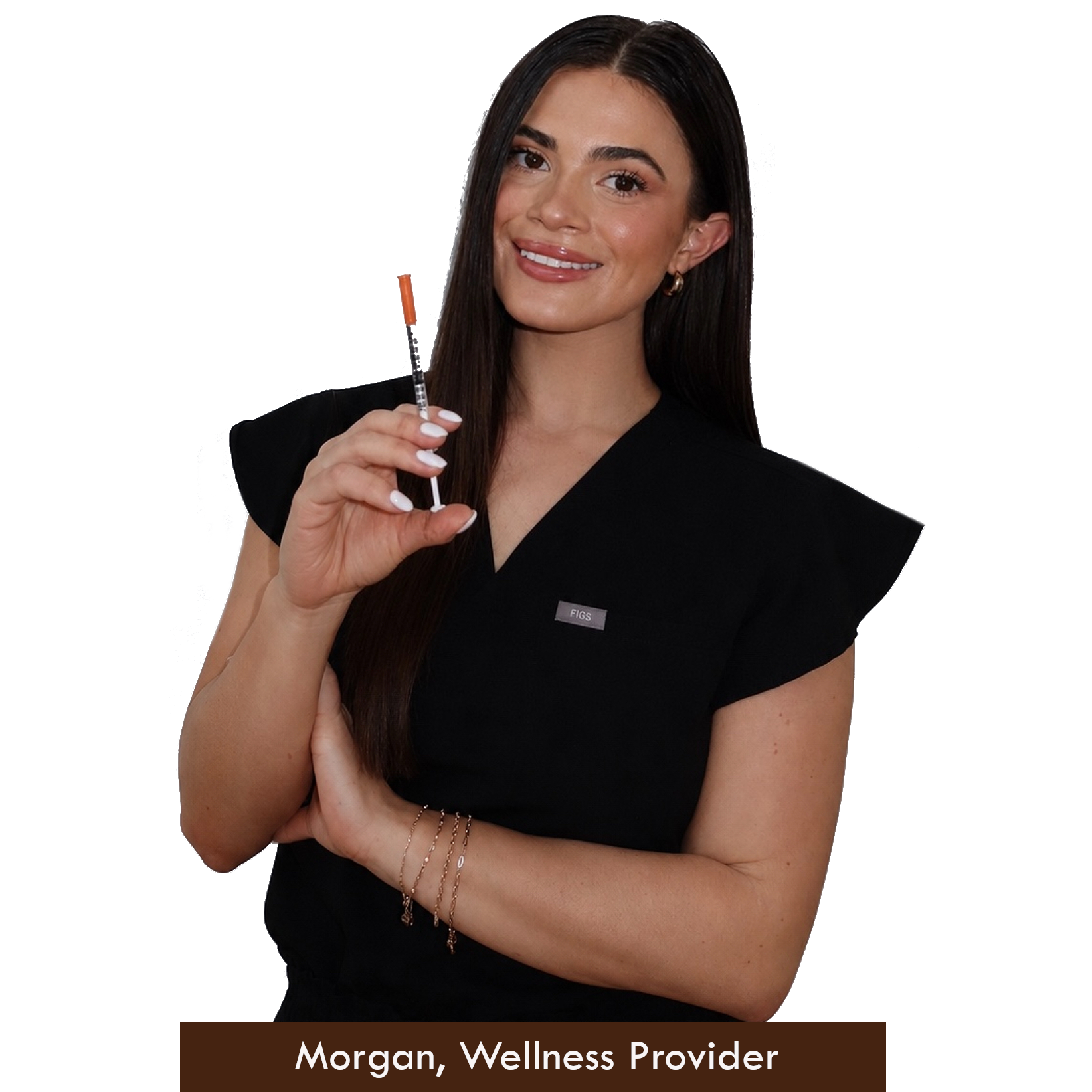 Morgan-transparent1 Smiling wellness provider in a black top holds a syringe toward the viewer, with a brown name bar reading 'Morgan, Wellness Provider'